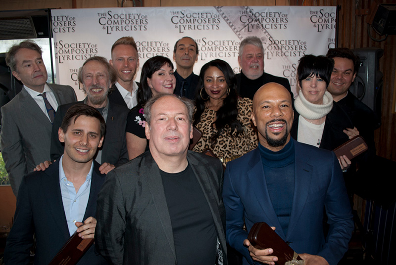 (Back row, from left) Carter Burwell, Justin Paul, Alexandre Desplat, SCL President Ashley Irwin, Robert Lopez; (center row, from left) Academy governor Charles Bernstein, Kristen Anderson-Lopez, Taura Stinson, Diane Warren; (front row, from left) Benj Pasek, Hans Zimmer, Common